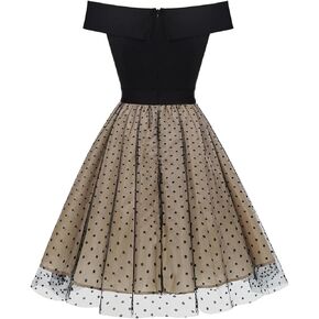 فستان كوكتيل نسائي 50s عتيق بدون أكتاف منقط أنيق عالي الخصر شبكي مرقع على شكل حرف a فساتين الحفلات المسائية in Kuwait