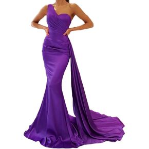 One Shoulder Prom Dresses for Women Long Mermaid Satin Bridesmaid Dresses Formal Evening Gowns with Train