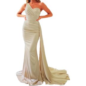 One Shoulder Prom Dresses for Women Long Mermaid Satin Bridesmaid Dresses Formal Evening Gowns with Train