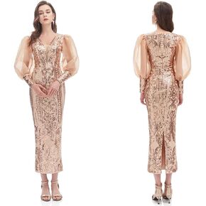 Sequin Mermaid Evenings Dress Women's Long Sleeves Prom Dresses Puff Sleeve Pageant Formal Ball Gown