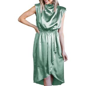 NANYUAYA Women's 2024 Summer Satin Dress Mock Neck Sleeveless Formal Wedding Guest Dress Cocktail Party Midi Dresses