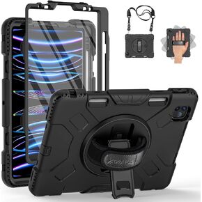 Case for iPad Pro 11 inch 2022/2021: Military Grade Shockproof Protective Cover with Screen Protector for iPad Pro 11 4th Gen 2022 / 3rd Gen 2021 + Pencil Holder + Stand + Strap- Black