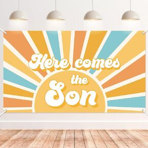 Here Comes The Son Baby Shower Backdrop Banner Boho Sun Retro Muted Sunrise Fabric Wall Hanging Decor Birthday Party Photo Background First Trip Around The Sun Decorations Supplies for Boys