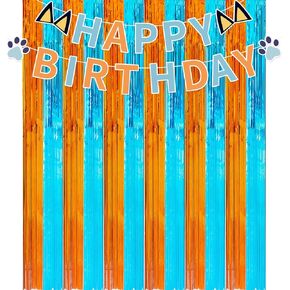 2 Pack 3.3x6.6ft Blue Dog Foil Fringe Curtains and Banner, Orange and Blue Tinsel Photo Booth Prop, Streamer Backdrop Blue Dog Birthday Party and Blue Dog Theme Party Decorations
