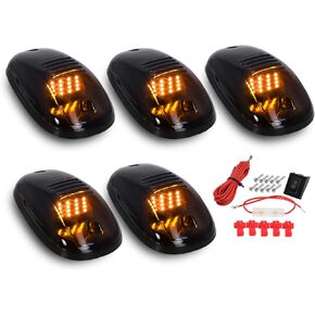 5 Pcs Smoked Lens Amber 16 LEDs Clearance Cab Roof Running Lamps Assembly Wiring Set Fits for Dodge Ram 1500 2500 3500 4500 5500 2003-2018 Pickup Trucks 12V DC