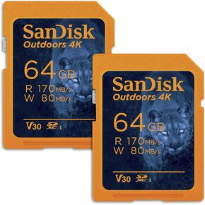 SanDisk 64GB 2-Pack Outdoors 4K SDXC UHS-I Memory Card (2x64GB)- Up to 170MB/s, C10, U3, V30, Trail Camera SD Card - SDSDXW2-064G-GN6V2