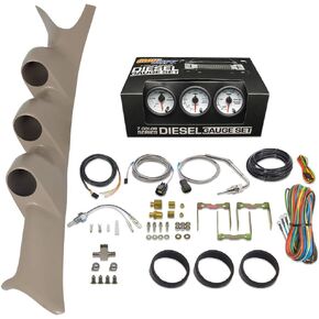 GlowShift Diesel Gauge Package Compatible with Ford Super Duty F-250 F-350 6.0L 7.3L Power Stroke 1999-2007 - White 7 Color 60 PSI Boost, 2400F EGT & Transmission Temp Gauges - Tan Triple Pillar Pod