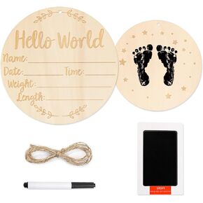 Baby Announcement Sign,Hello World Newborn Sign With Pen And Ink Pad,Wooden Birth Announcement Sign for Hospital Baby Name And Birth Details,Fingerprint Footprints Can be Left on Back.