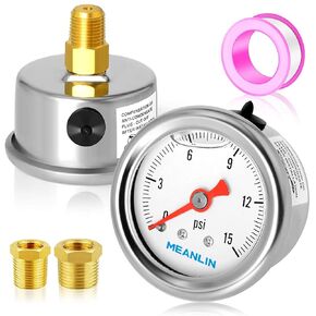 MEANLIN MEASURE 0-60Psi Stainless Steel Glycerin Filled Pressure Gauge 1/8" NPT 1.5" FACE DIAL, with 5/16" Barb Aluminum Fitting Adapter Liquid Filled Pressure Gauge (9Pieces Kit, Back Mount)