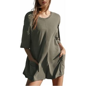 Women's Oversized Tee Romper V Neck Short Sleeve Athletic One Piece Shorts Jumpsuit with Pockets