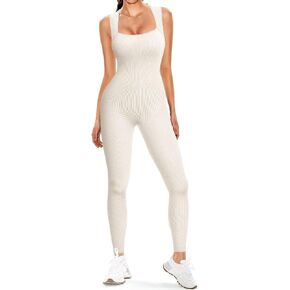 Vertvie Jumpsuits for Women Strappy Square Neck Ribbed Sleeveless One Piece Rompers Onesie Bodycon Workout Yoga Unitard in Saudi Arabia