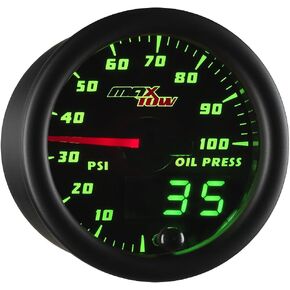 Double Vision 100 PSI Oil Pressure Gauge Kit - Includes Electronic Sensor - Black Gauge Face - Green LED Illuminated Dial - Analog & Digital Readouts - for Trucks - 2-1/16" 52mm