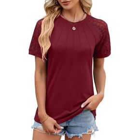Womens T-Shirts Trendy Tops Lace Short Sleeve Shirts Crewneck Pleated Blouses Tee Shirts Tunic Dressy Tops for Women 2024
