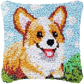 Corgi Dog Latch Hook Pillowcase Kits for Adults and Starter DIY Cushion Cross Stitch Latch Hook Rug Kits with Preprinted Canvas Crochet Yarn Kits Needlework Crafts 17'' X 17''
