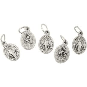 Catholic Saint Medals Silver Tone Petite Miraculous Medal Pendant for Charm Bracelet, Lot of 5, 9/16 Inch