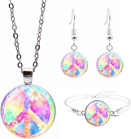 Hippie Peace Sign Jewelry Set 80s 90s Hot Pink Floral Peace Symbol Necklace Earrings and Bracelet 3pcs Peace Jewelry for Women Teens in Saudi Arabia