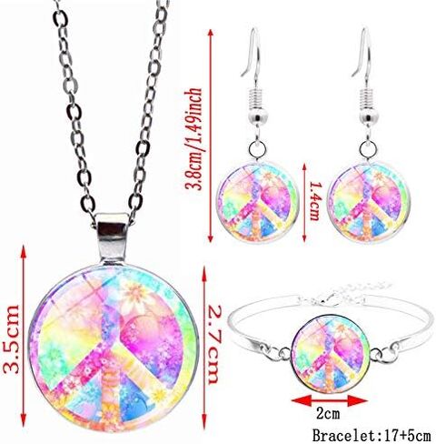Hippie Peace Sign Jewelry Set 80s 90s Hot Pink Floral Peace Symbol Necklace Earrings and Bracelet 3pcs Peace Jewelry for Women Teens in Saudi Arabia