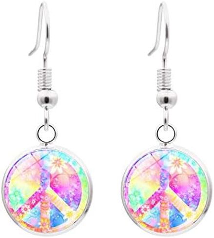 Hippie Peace Sign Jewelry Set 80s 90s Hot Pink Floral Peace Symbol Necklace Earrings and Bracelet 3pcs Peace Jewelry for Women Teens in Saudi Arabia