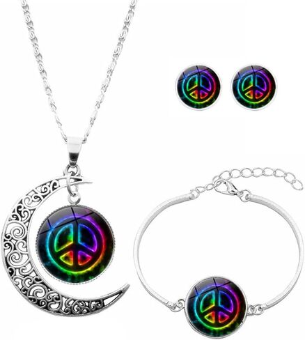 Hippie Peace Sign Jewelry Set 80s 90s Hot Pink Floral Peace Symbol Necklace Earrings and Bracelet 3pcs Peace Jewelry for Women Teens in Saudi Arabia