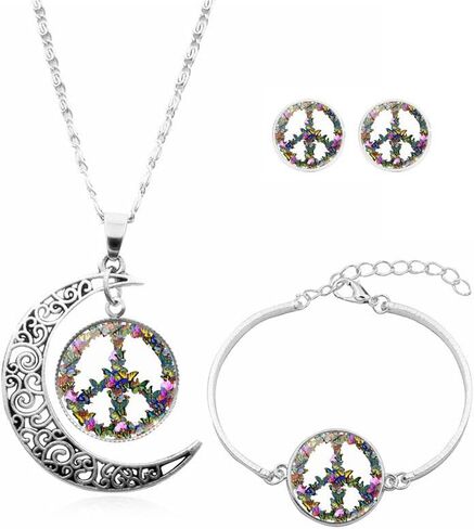 Hippie Peace Sign Jewelry Set 80s 90s Hot Pink Floral Peace Symbol Necklace Earrings and Bracelet 3pcs Peace Jewelry for Women Teens in Saudi Arabia