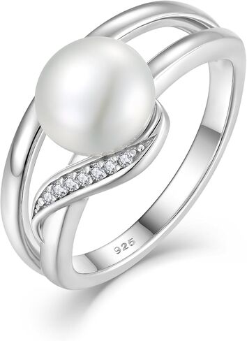 Women's Pearl Ring 925 Sterling Silver Cubic Zirconia Ring with 8mm Natural Freshwater Pearl Statement Ring for Women in Saudi Arabia