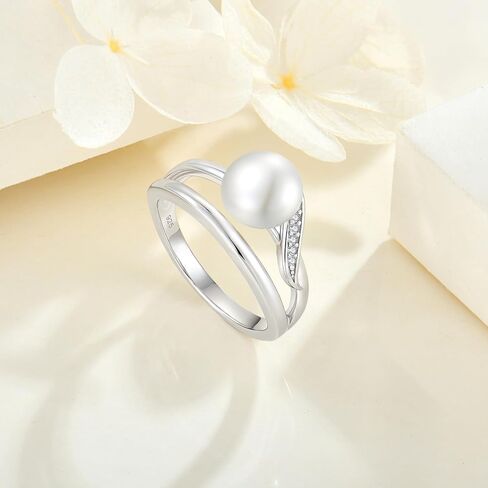Women's Pearl Ring 925 Sterling Silver Cubic Zirconia Ring with 8mm Natural Freshwater Pearl Statement Ring for Women in Saudi Arabia