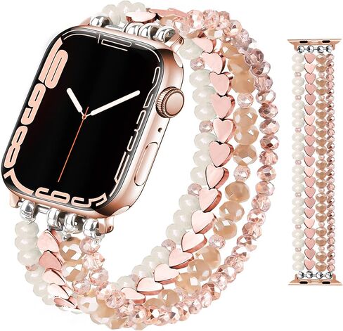 JR.DM Beaded Bracelet Compatible with Apple Watch Band 40mm 38mm 41mm Series 9/8/7/SE/6/5/4/3/2/1 Women Girls Dressy Fancy Handmade Stretchy Strap Replacement for iWatch Bands(Black/Silver) in Kuwait