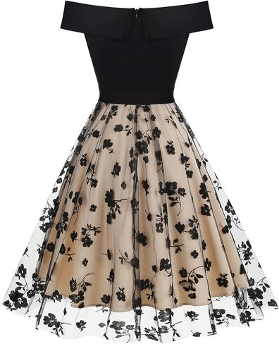 Women's 50s Cocktail Dress Vintage Off Shoulder Polka Dot Elegant High Waist Mesh Patchwork A-line Evening Party Dresses in Saudi Arabia