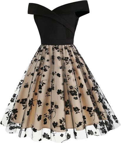 Women's 50s Cocktail Dress Vintage Off Shoulder Polka Dot Elegant High Waist Mesh Patchwork A-line Evening Party Dresses in Saudi Arabia