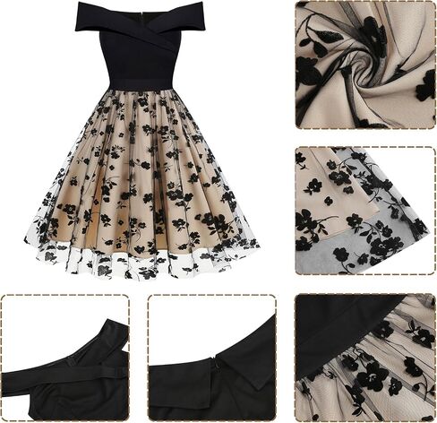 Women's 50s Cocktail Dress Vintage Off Shoulder Polka Dot Elegant High Waist Mesh Patchwork A-line Evening Party Dresses in Saudi Arabia