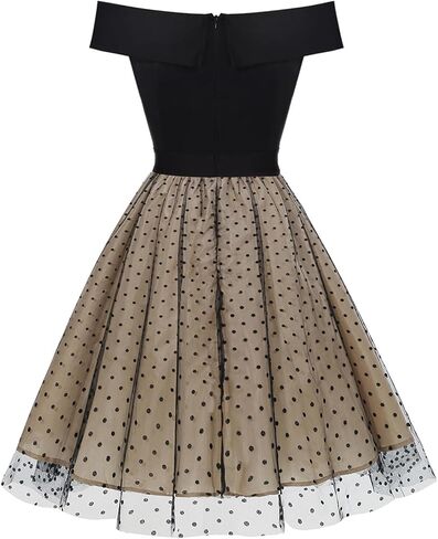 فستان كوكتيل نسائي 50s عتيق بدون أكتاف منقط أنيق عالي الخصر شبكي مرقع على شكل حرف a فساتين الحفلات المسائية in Kuwait