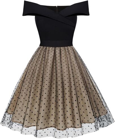 فستان كوكتيل نسائي 50s عتيق بدون أكتاف منقط أنيق عالي الخصر شبكي مرقع على شكل حرف a فساتين الحفلات المسائية in Kuwait