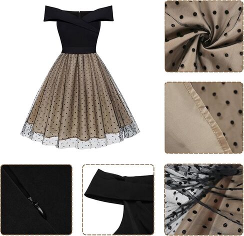 فستان كوكتيل نسائي 50s عتيق بدون أكتاف منقط أنيق عالي الخصر شبكي مرقع على شكل حرف a فساتين الحفلات المسائية in Kuwait