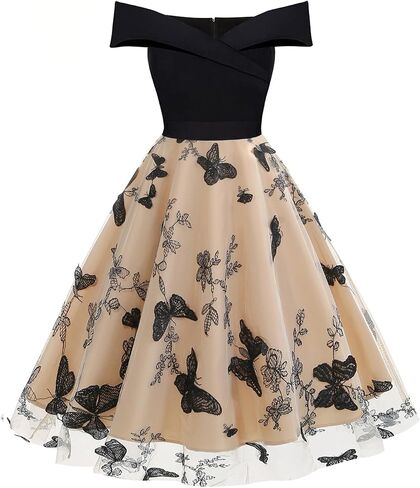 Women's 50s Cocktail Dress Vintage Off Shoulder Polka Dot Elegant High Waist Mesh Patchwork A-line Evening Party Dresses in Saudi Arabia