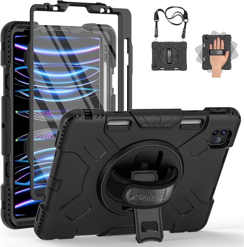 Case for iPad Pro 11 inch 2022/2021: Military Grade Shockproof Protective Cover with Screen Protector for iPad Pro 11 4th Gen 2022 / 3rd Gen 2021 + Pencil Holder + Stand + Strap- Black in Saudi Arabia