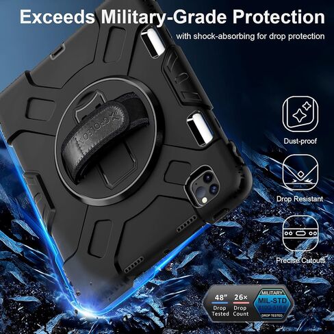 Case for iPad Pro 11 inch 2022/2021: Military Grade Shockproof Protective Cover with Screen Protector for iPad Pro 11 4th Gen 2022 / 3rd Gen 2021 + Pencil Holder + Stand + Strap- Black in Saudi Arabia