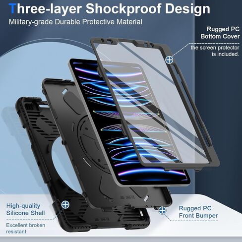 Case for iPad Pro 11 inch 2022/2021: Military Grade Shockproof Protective Cover with Screen Protector for iPad Pro 11 4th Gen 2022 / 3rd Gen 2021 + Pencil Holder + Stand + Strap- Black in Saudi Arabia