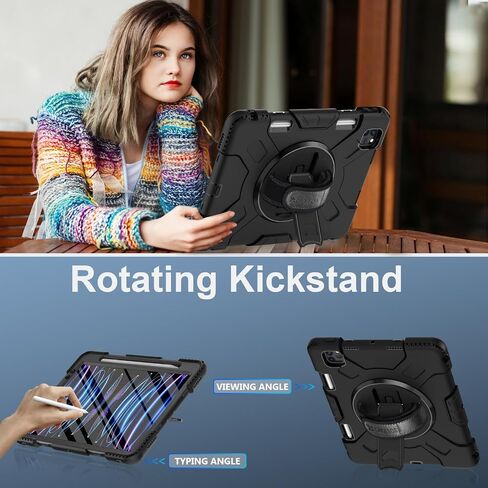 Case for iPad Pro 11 inch 2022/2021: Military Grade Shockproof Protective Cover with Screen Protector for iPad Pro 11 4th Gen 2022 / 3rd Gen 2021 + Pencil Holder + Stand + Strap- Black in Saudi Arabia