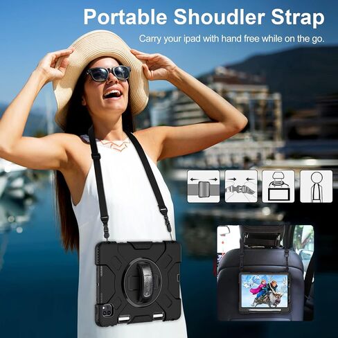 Case for iPad Pro 11 inch 2022/2021: Military Grade Shockproof Protective Cover with Screen Protector for iPad Pro 11 4th Gen 2022 / 3rd Gen 2021 + Pencil Holder + Stand + Strap- Black in Saudi Arabia