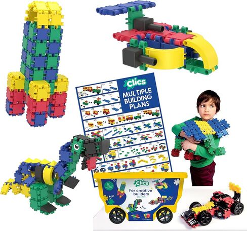 Clics construction toys, Glitter Bucket, 133 building blocks, 42 accessories and stickers,educational kids toys,STEM toys for 3 year old boys & girls and older, DURABLE TOYS made from RECYCLED PLASTIC in Saudi Arabia