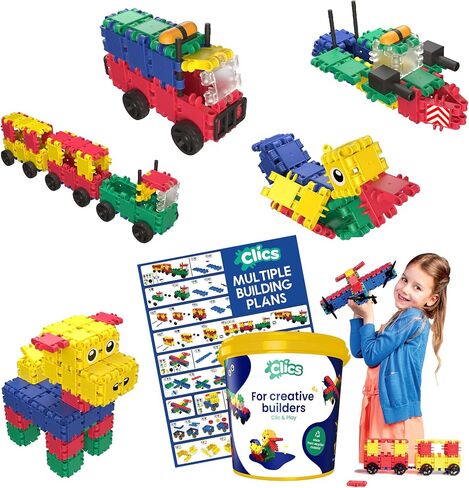 Clics construction toys, Glitter Bucket, 133 building blocks, 42 accessories and stickers,educational kids toys,STEM toys for 3 year old boys & girls and older, DURABLE TOYS made from RECYCLED PLASTIC in Saudi Arabia