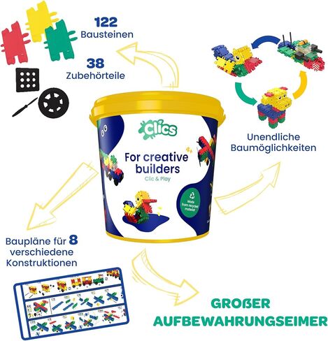 Clics construction toys, Glitter Bucket, 133 building blocks, 42 accessories and stickers,educational kids toys,STEM toys for 3 year old boys & girls and older, DURABLE TOYS made from RECYCLED PLASTIC in Saudi Arabia