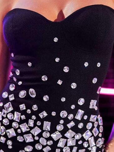 فستان قصير لامع بحجر الراين، فساتين ضيقة باللون الأسود، فستان بدون أكمام للنساء in Kuwait