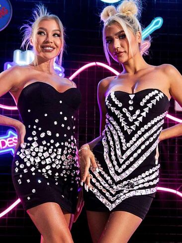 فستان قصير لامع بحجر الراين، فساتين ضيقة باللون الأسود، فستان بدون أكمام للنساء in Kuwait