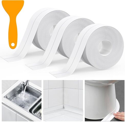 3 Roll White Caulk Tape Sealant Strip, Self-Adhesive Sealing Tape with Caulking Tool for Kitchen Countertop,tub Surround,Toilet Base,Bathtub Sink Edge Protector(1.5' x 10.5Ft) in Saudi Arabia