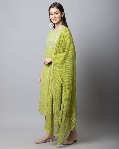 Rajnandini Women's Pure Jaipur Printed Cotton Jaipuri Printed Kurta Set With Dupatta (JOPLVL281-P_Mehndi Green) in Saudi Arabia
