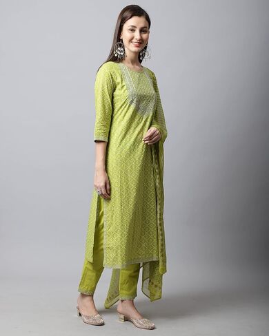 Rajnandini Women's Pure Jaipur Printed Cotton Jaipuri Printed Kurta Set With Dupatta (JOPLVL281-P_Mehndi Green) in Saudi Arabia