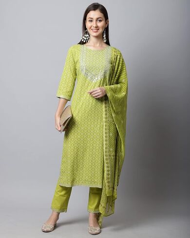 Rajnandini Women's Pure Jaipur Printed Cotton Jaipuri Printed Kurta Set With Dupatta (JOPLVL281-P_Mehndi Green) in Saudi Arabia