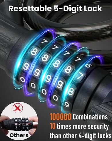 مزيج كبل قفل الدراجة-مع ضوء ذيل الدراجة LED وضوء لوحة المفاتيح ، IPX6 مقاوم للماء الثقيلة القوية المضادة للسرقة 5 أرقام قفل الكابلات بدون مفتاح ، للأطفال البالغين البالغين (4 أقدام ، أسود-0.5 بوصة) in Saudi Arabia