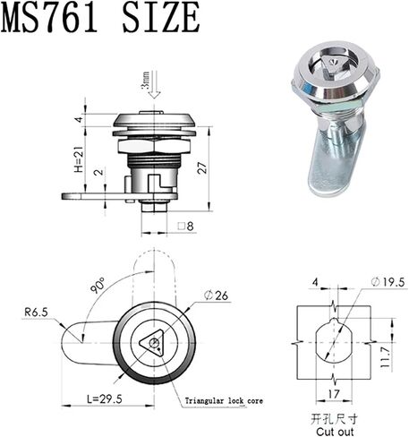 Zinc Alloy Triangular Cylinder Cam Lock Electrial Cabinet with Key Distribution Box Cabinet Tongue Locks with Key 1Pcs(4Sets-with Key-Zinc) in Saudi Arabia